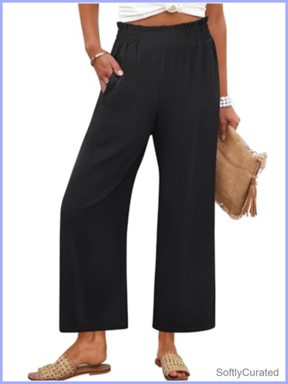 Wide Leg Cropped Palazzo Work Pants Pull On High Waist Trousers